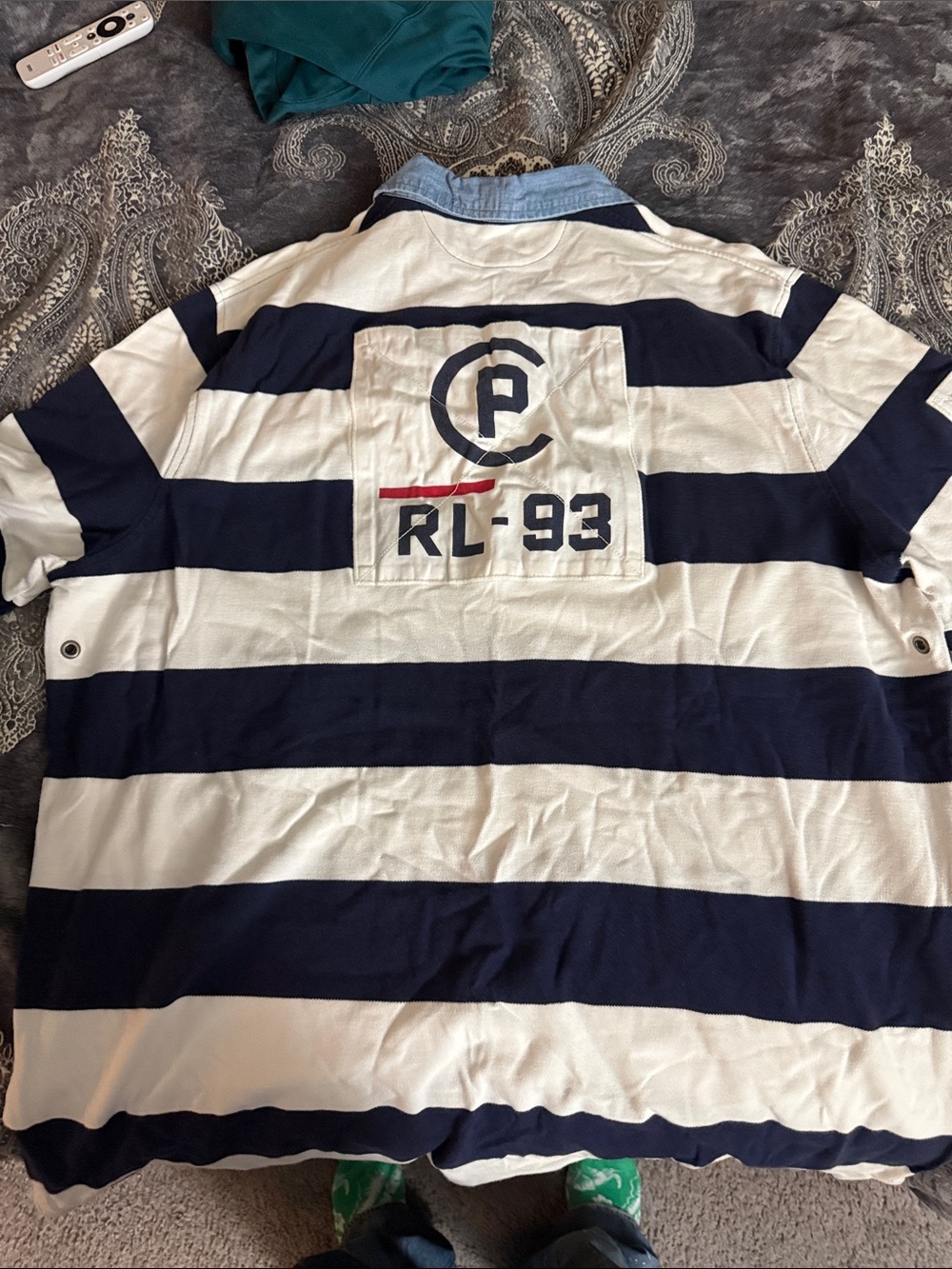 Polo by Ralph Lauren Navy & White Striped Rugby Polo with Chambray Collar - Picture 5 of 6